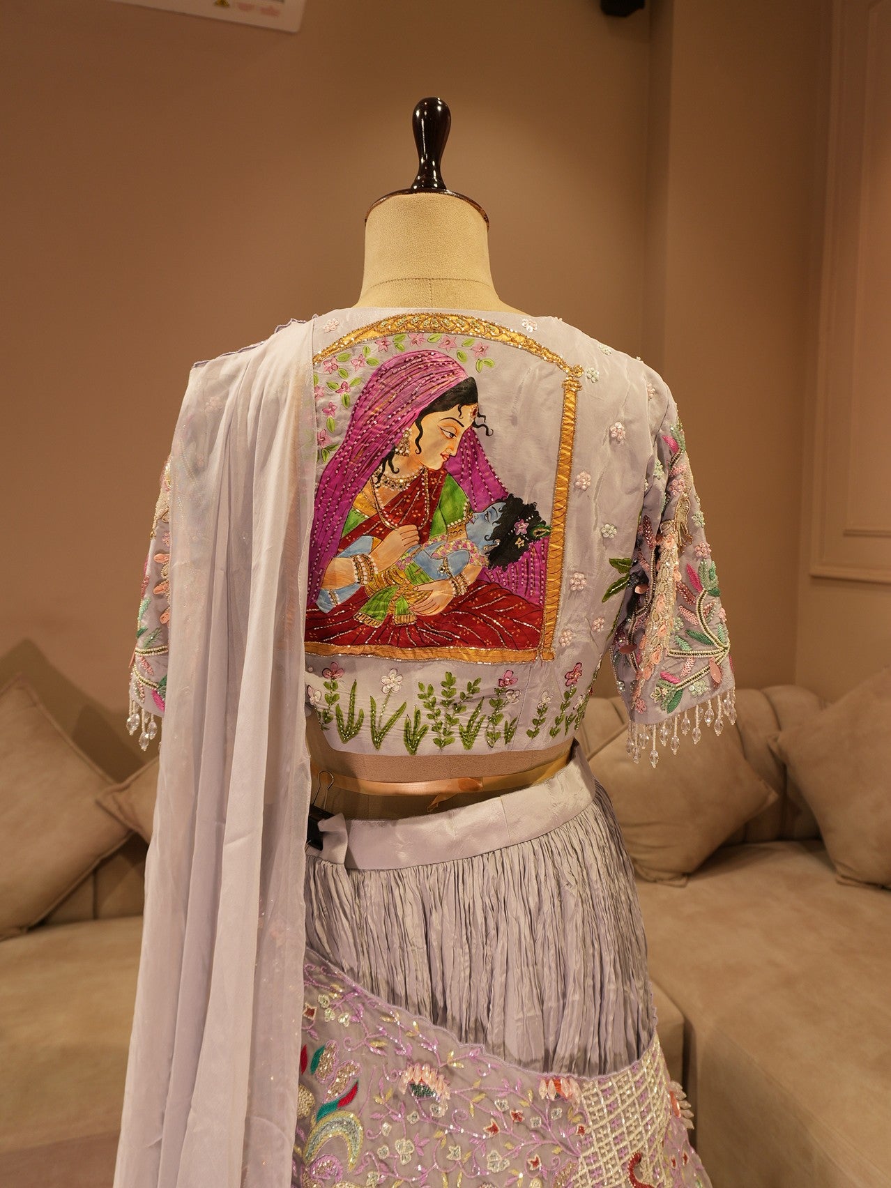Ice blue sri krishna hand pianted lehenga set