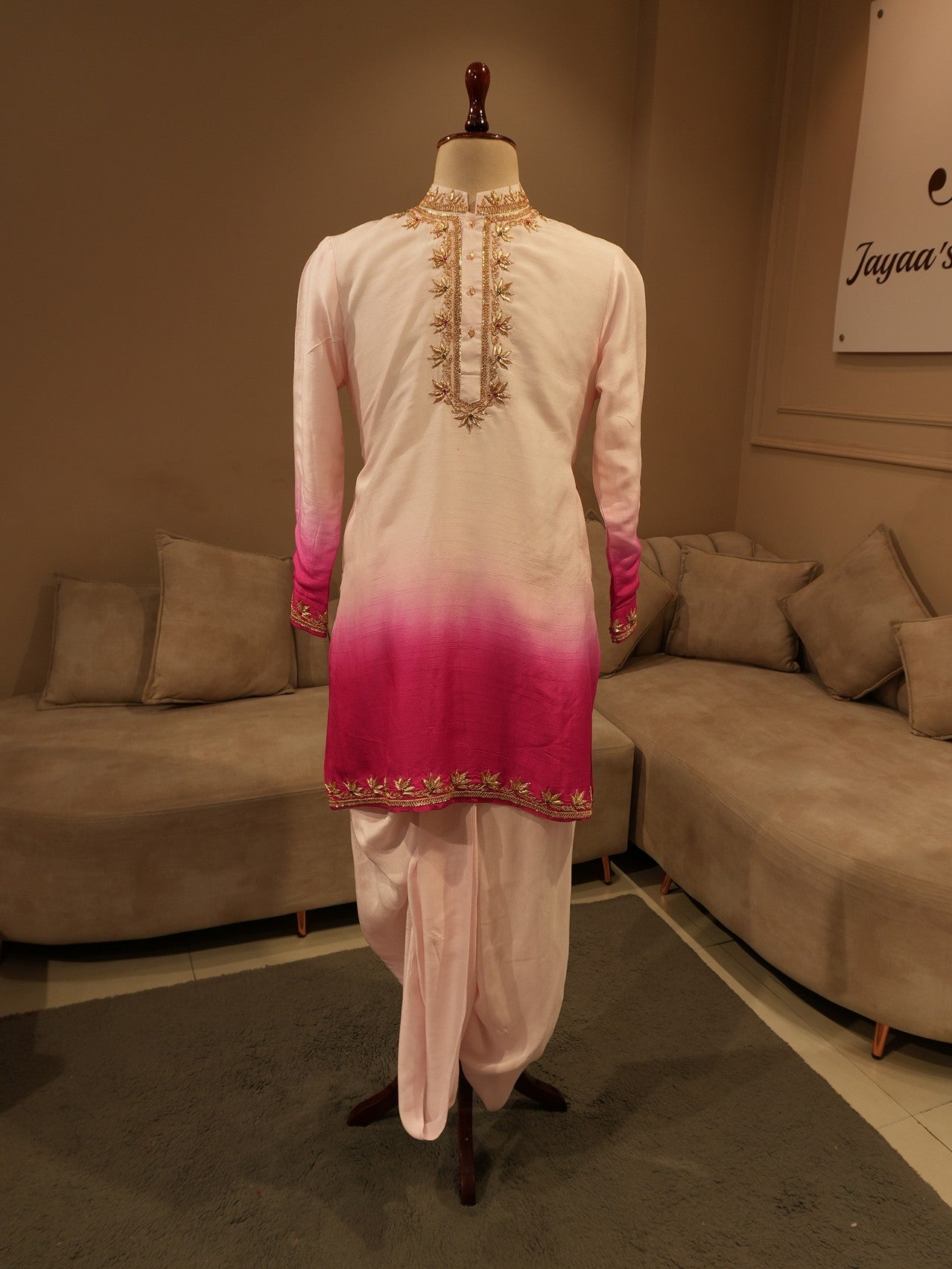 Pink rani shaded zardoi mens kurta dhoti