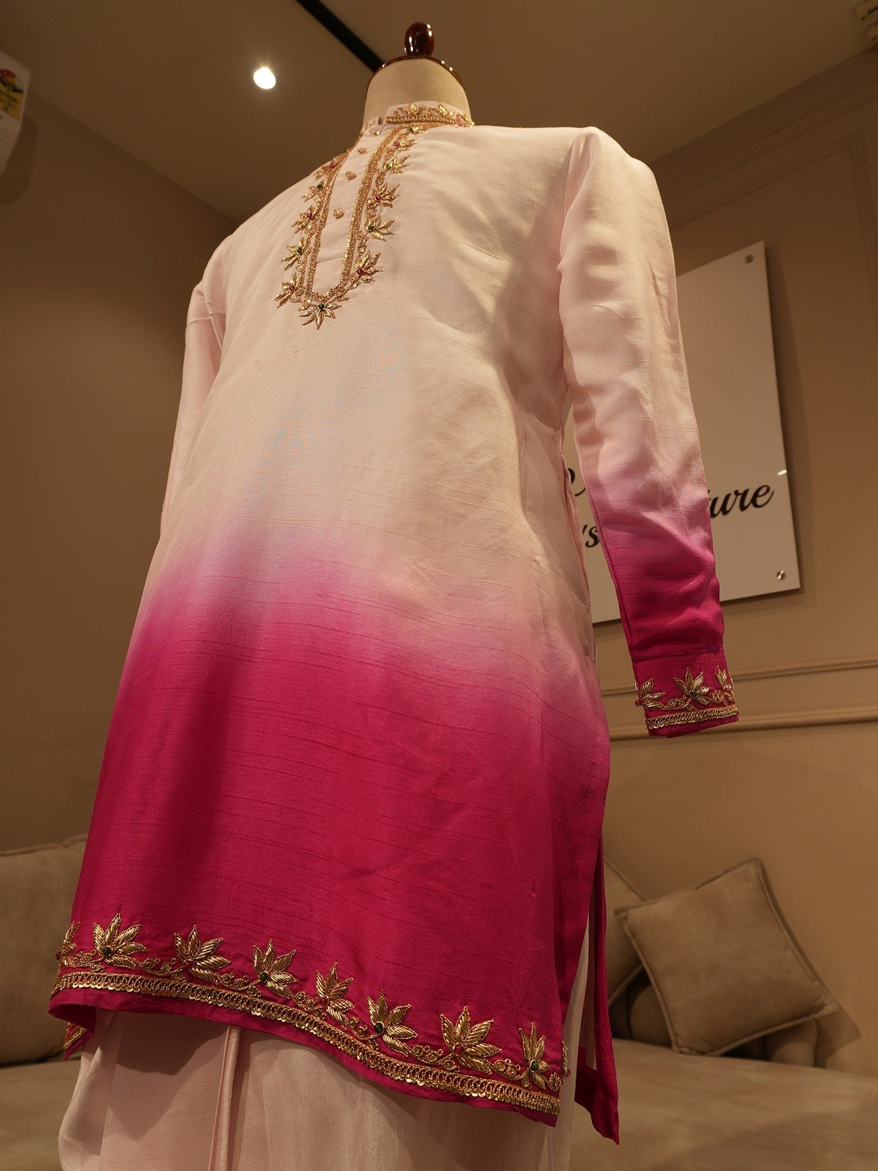 Pink rani shaded zardoi mens kurta dhoti