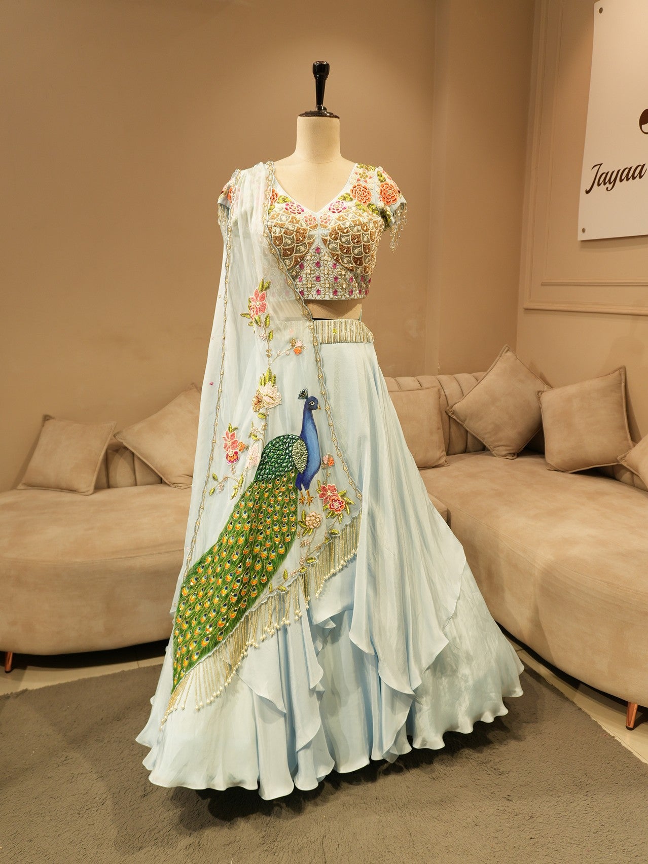 Powder blue peacock handpainted embroidered lehenga set
