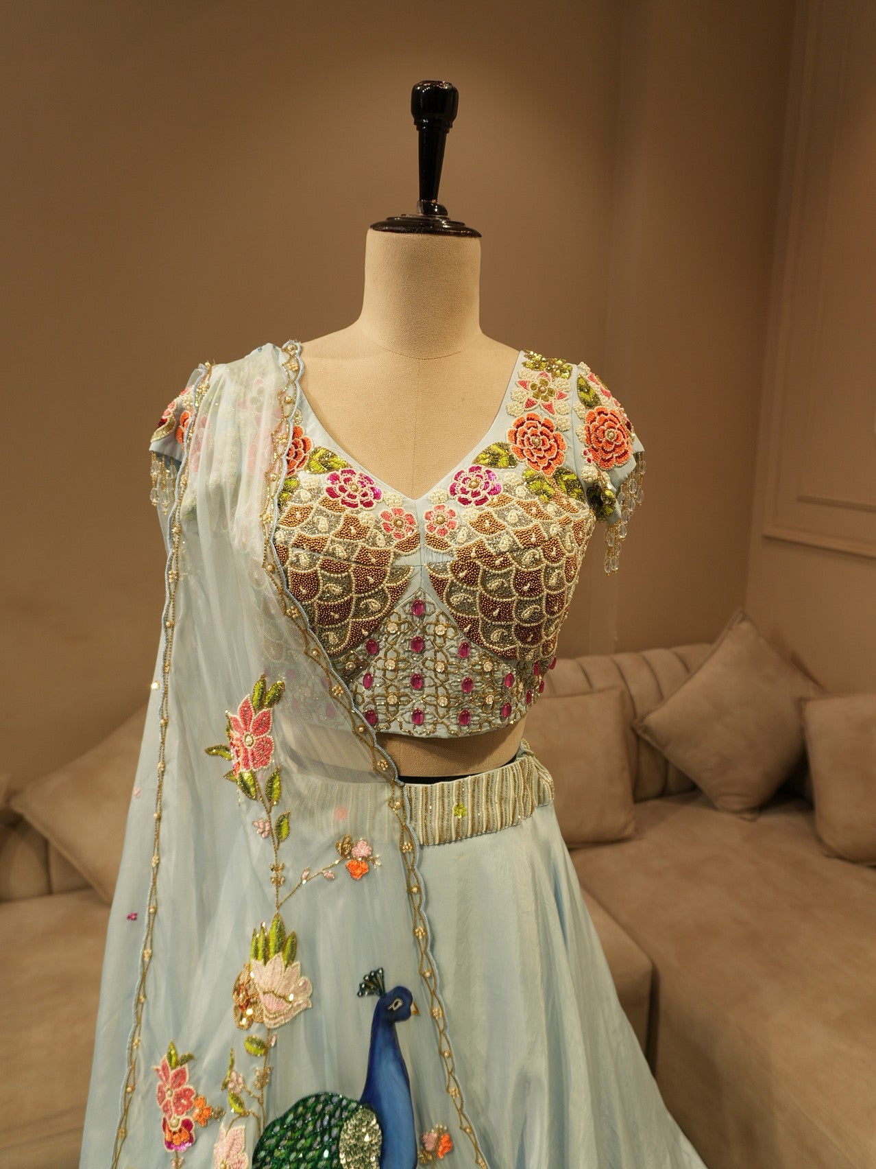 Powder blue peacock handpainted embroidered lehenga set