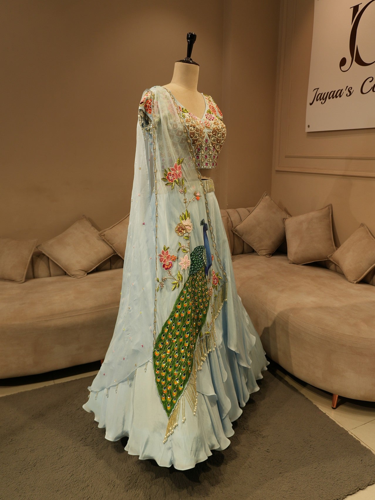 Powder blue peacock handpainted embroidered lehenga set
