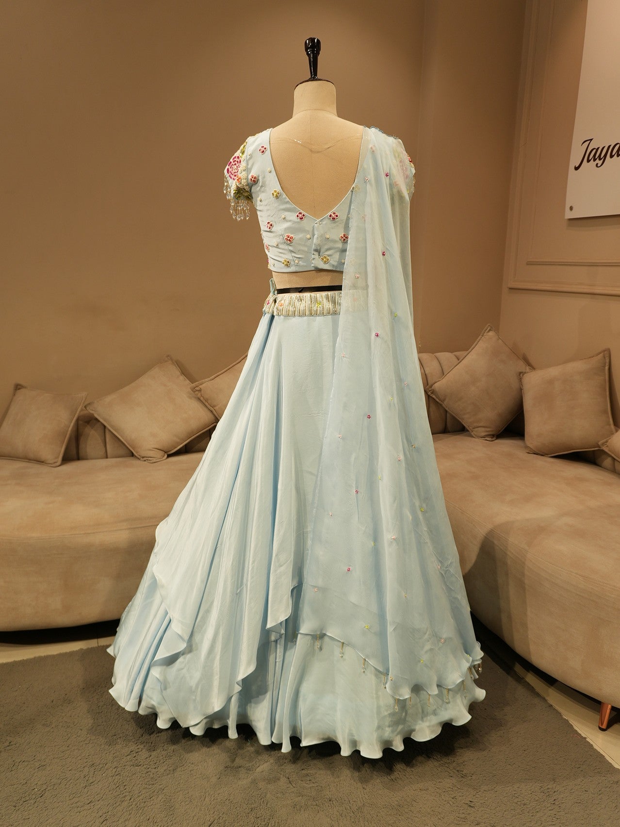 Powder blue peacock handpainted embroidered lehenga set