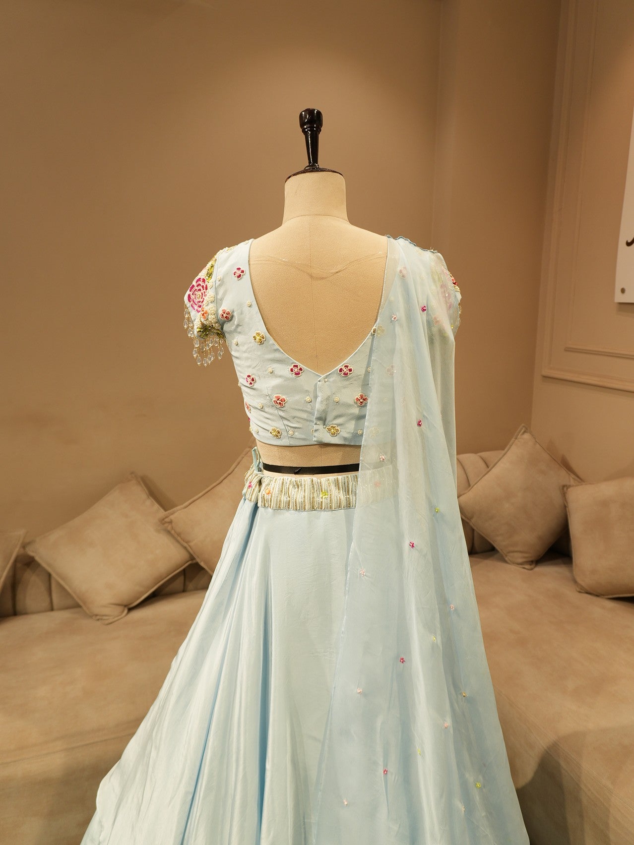 Powder blue peacock handpainted embroidered lehenga set