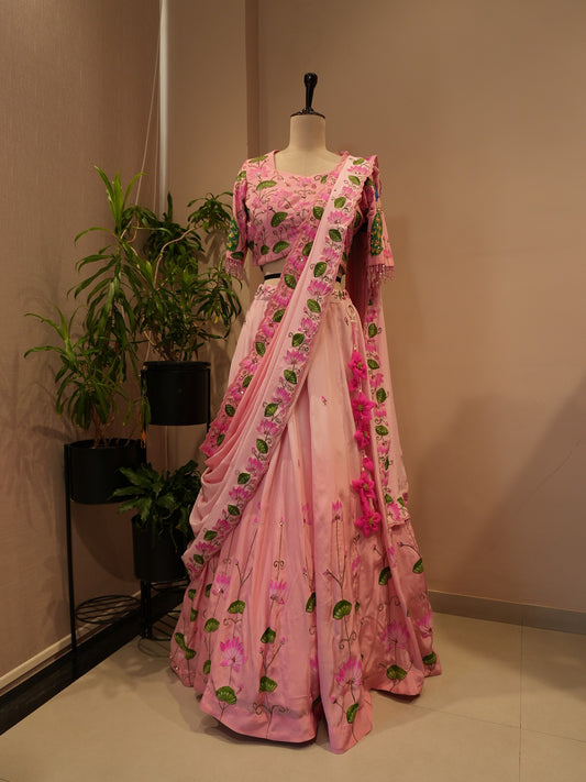 Pink shaded pichwai peacock handpainted lehenga set