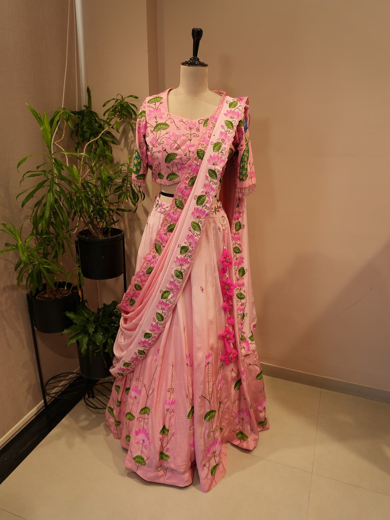Pink shaded pichwai peacock handpainted lehenga set