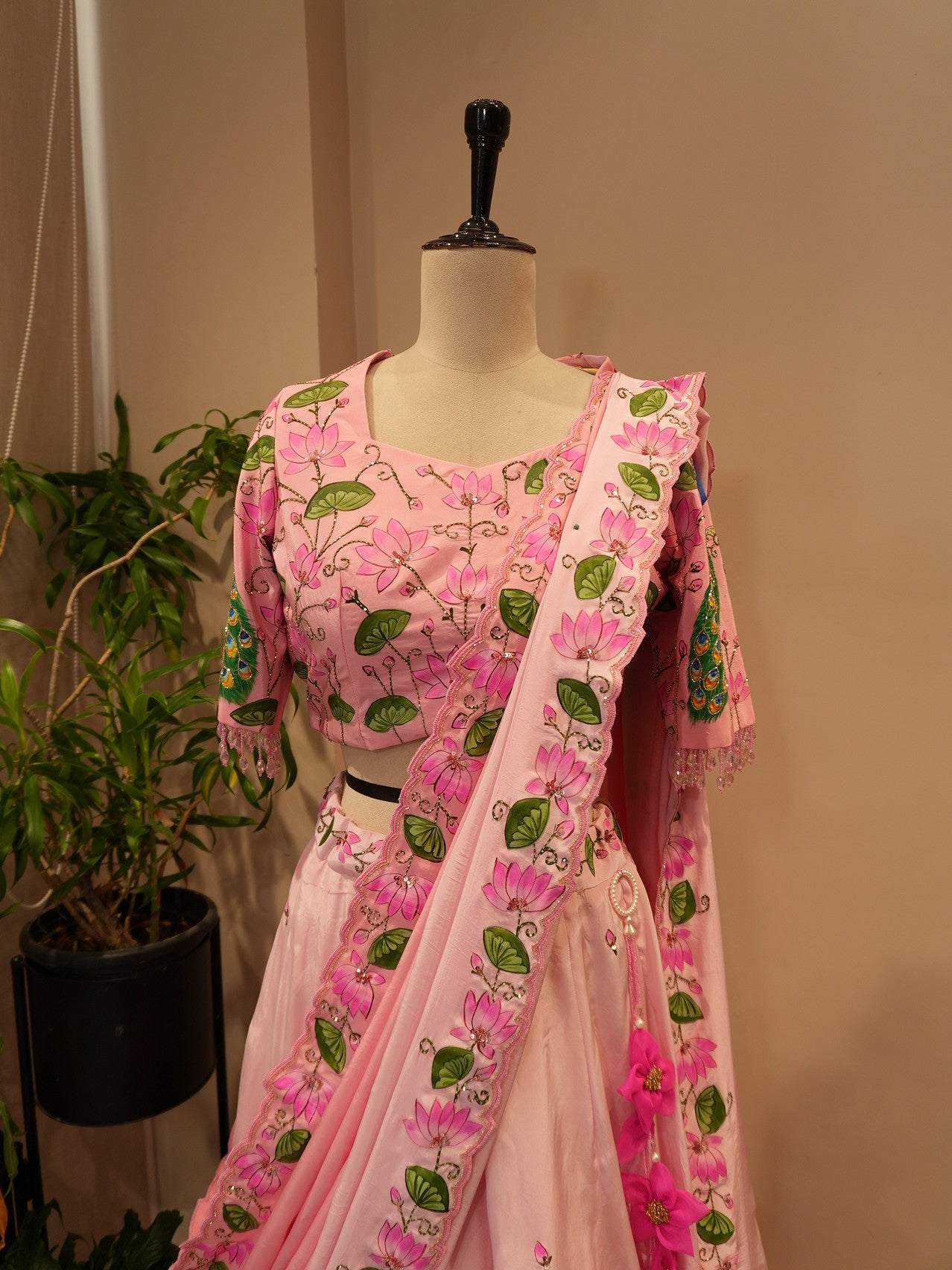 Pink shaded pichwai peacock handpainted lehenga set
