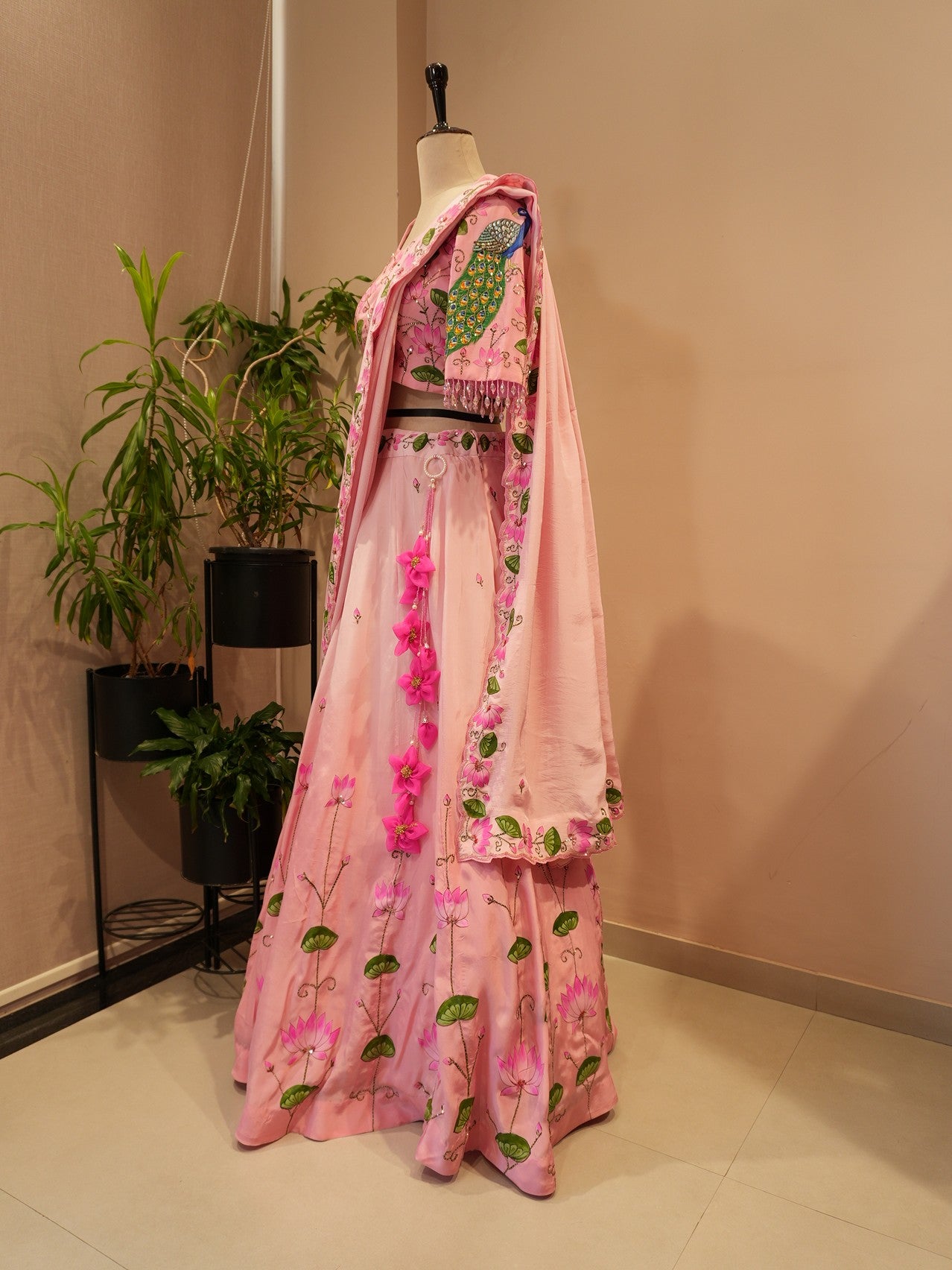 Pink shaded pichwai peacock handpainted lehenga set