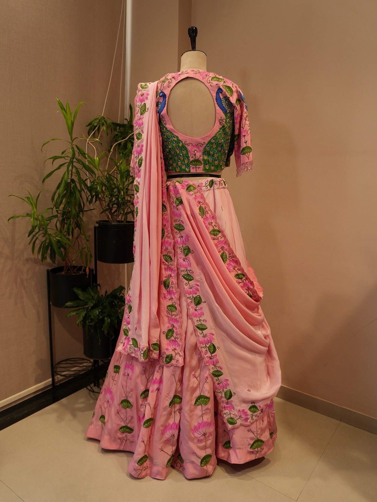 Pink shaded pichwai peacock handpainted lehenga set