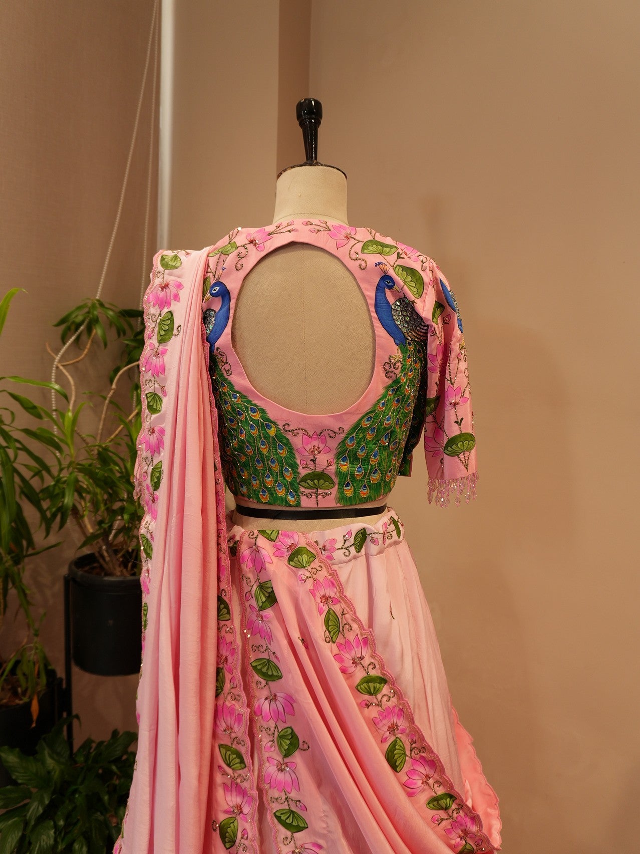 Pink shaded pichwai peacock handpainted lehenga set