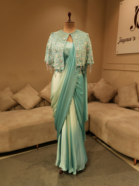 Sea green shaded saree with cape