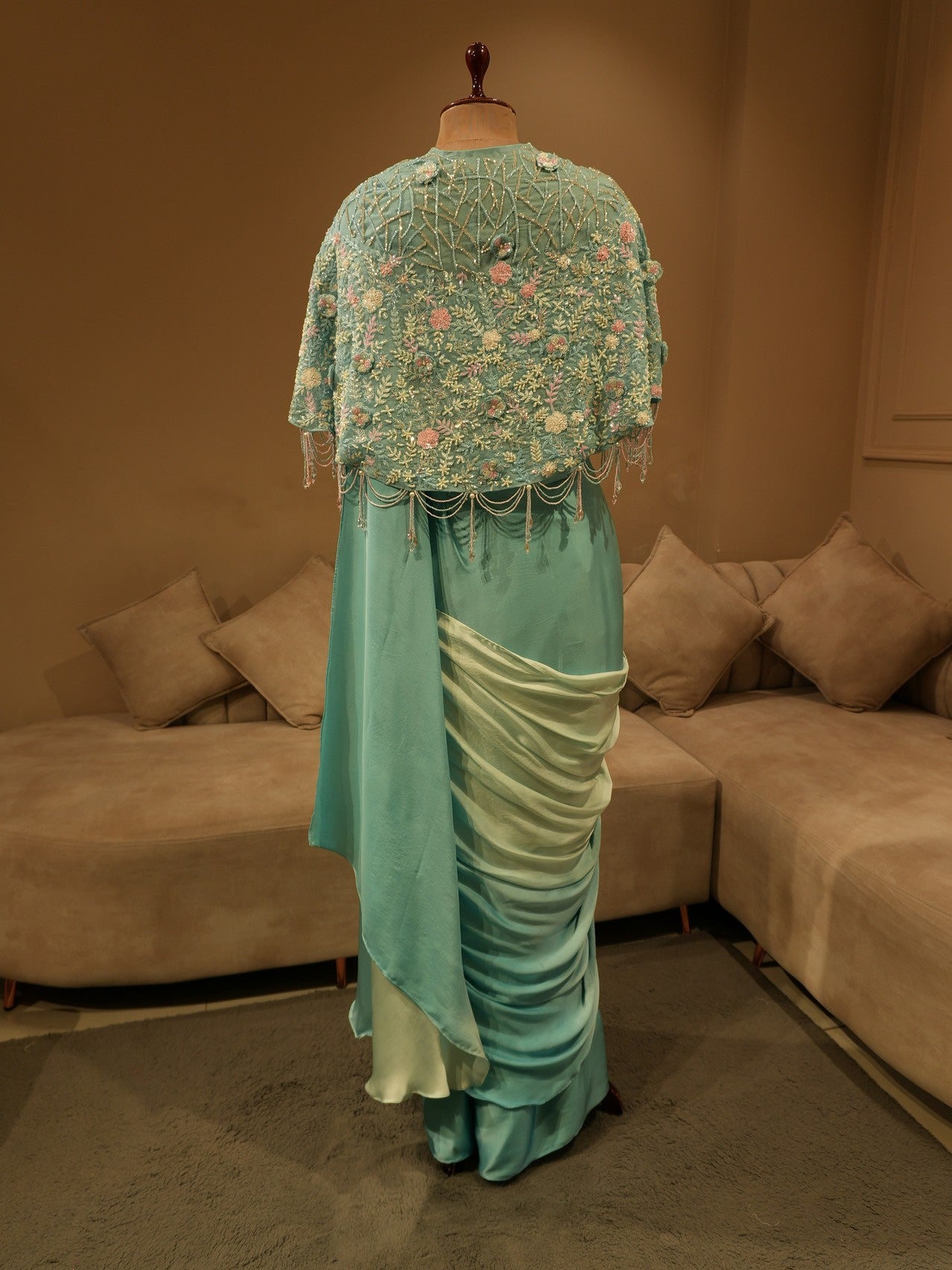 Sea green shaded saree with cape