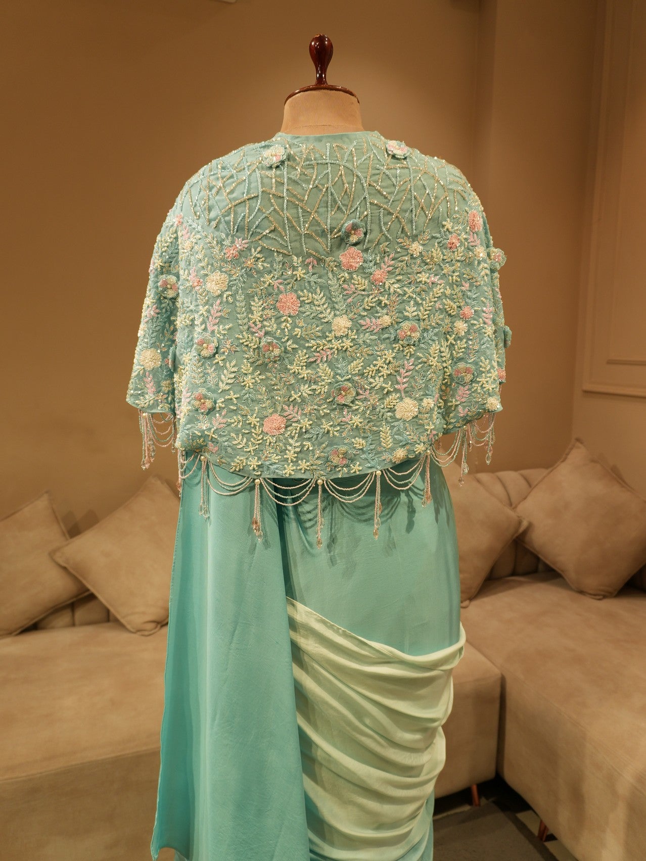 Sea green shaded saree with cape