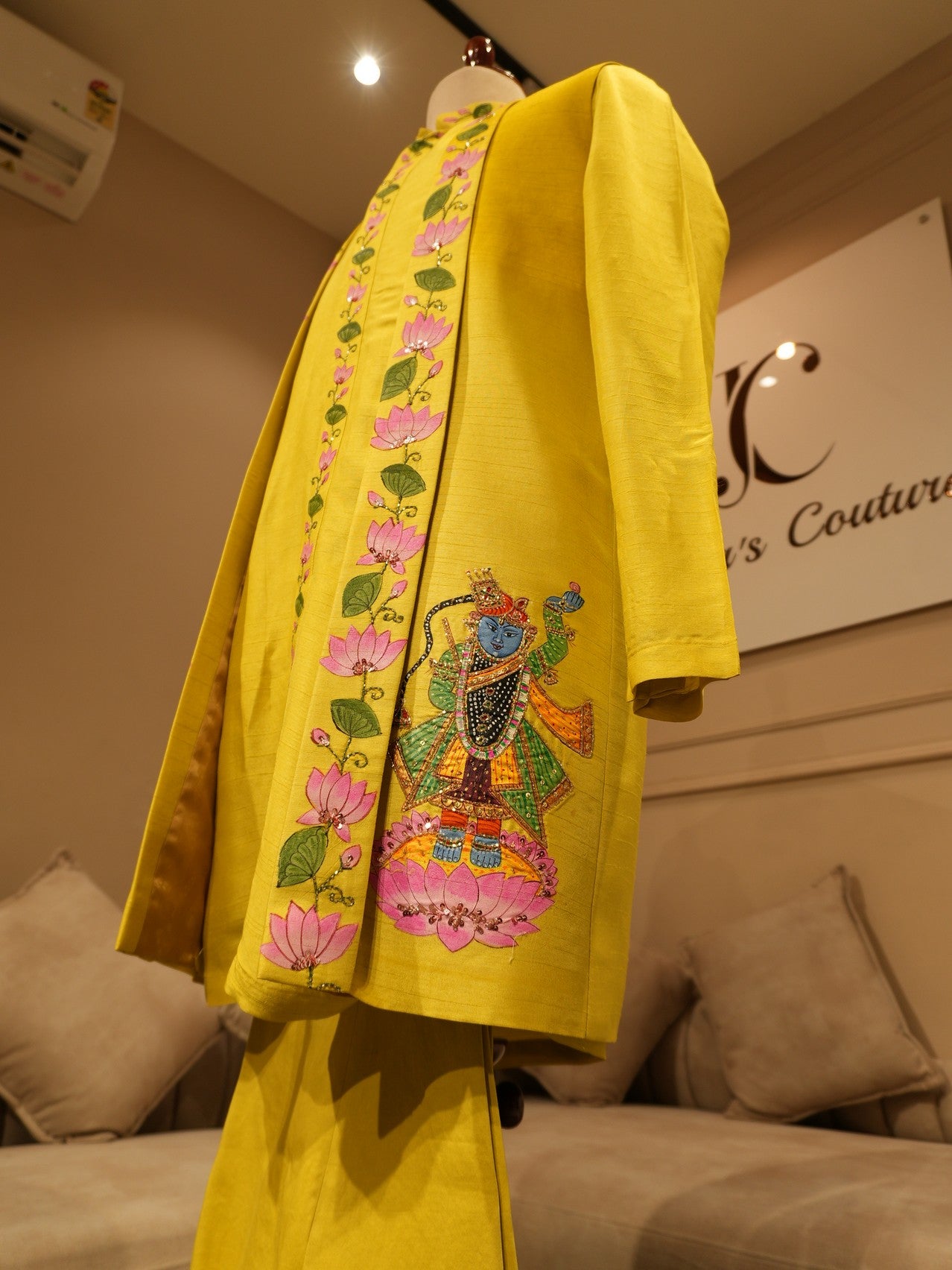 Yelloish green pichwai shreenathji mens indo western