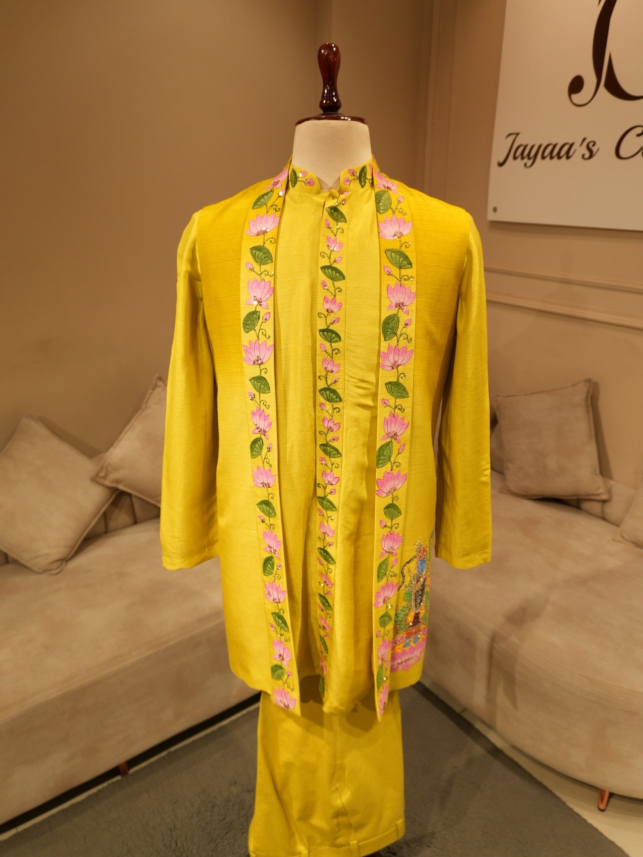Yelloish green pichwai shreenathji mens indo western