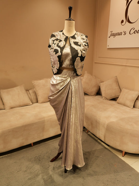 Metallic grey crop top skirt with shrug