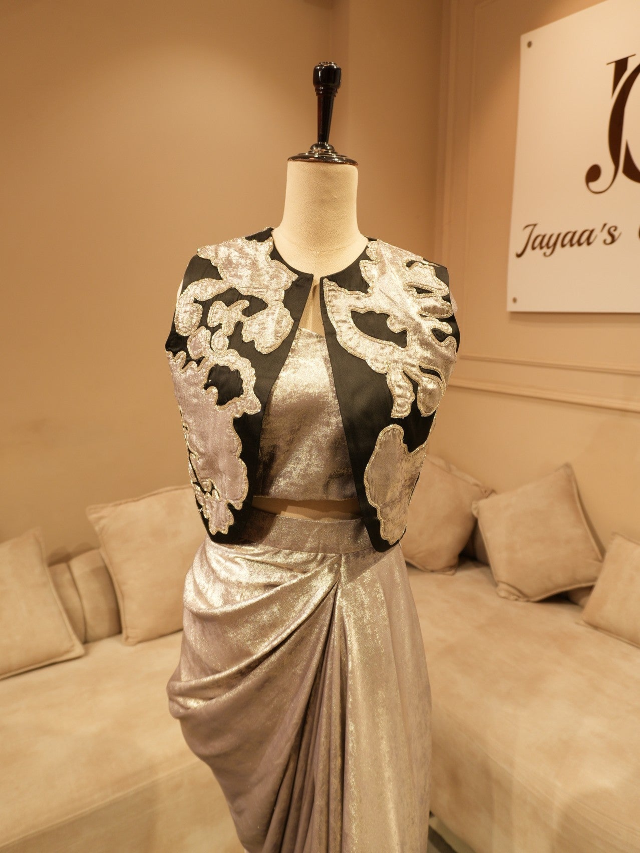 Metallic grey crop top skirt with shrug