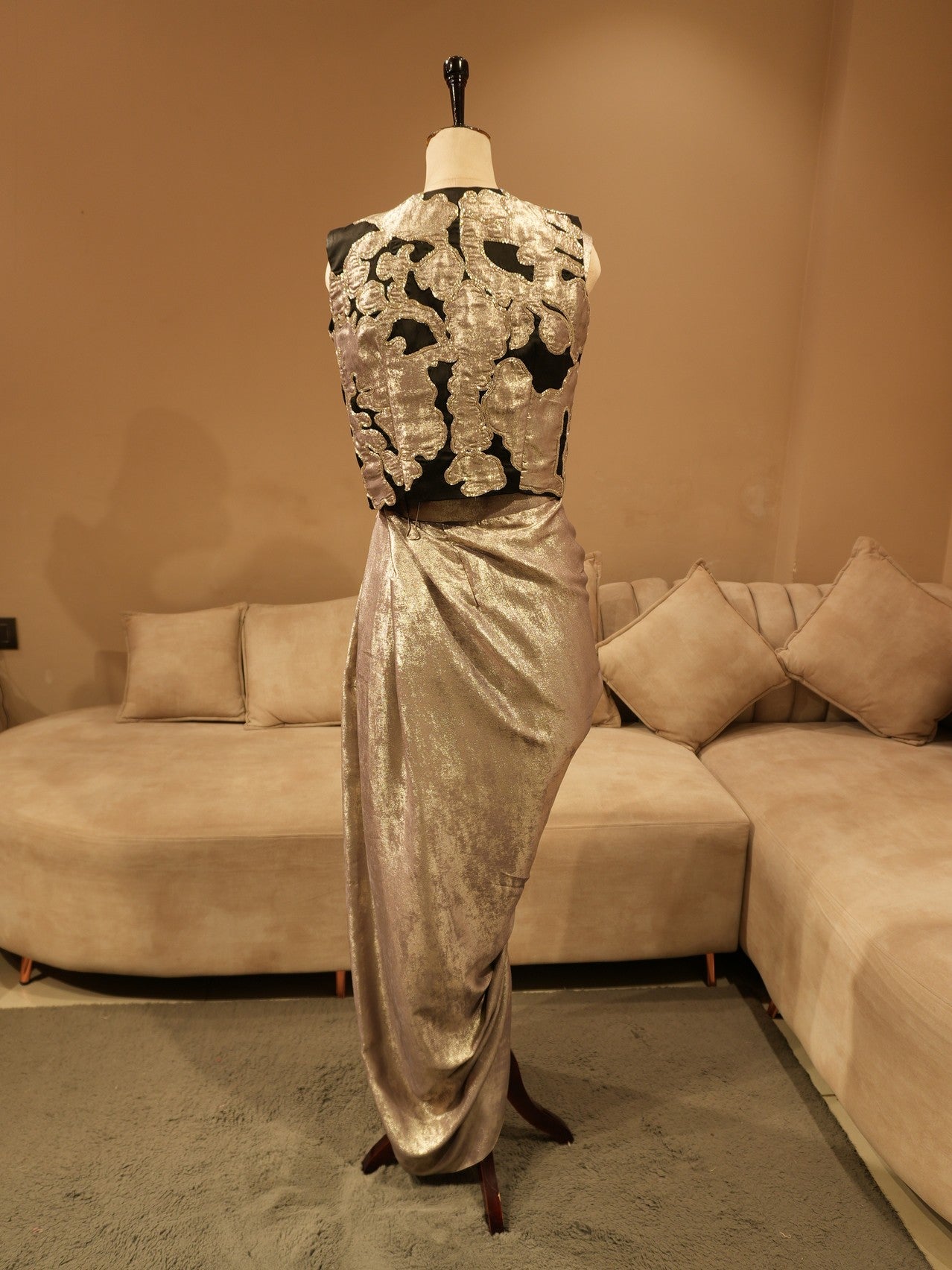Metallic grey crop top skirt with shrug