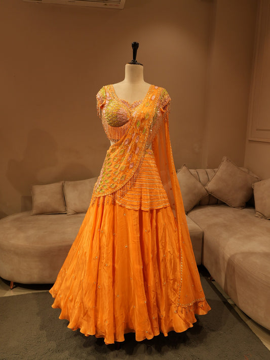Rust orange embroidered lehenga set