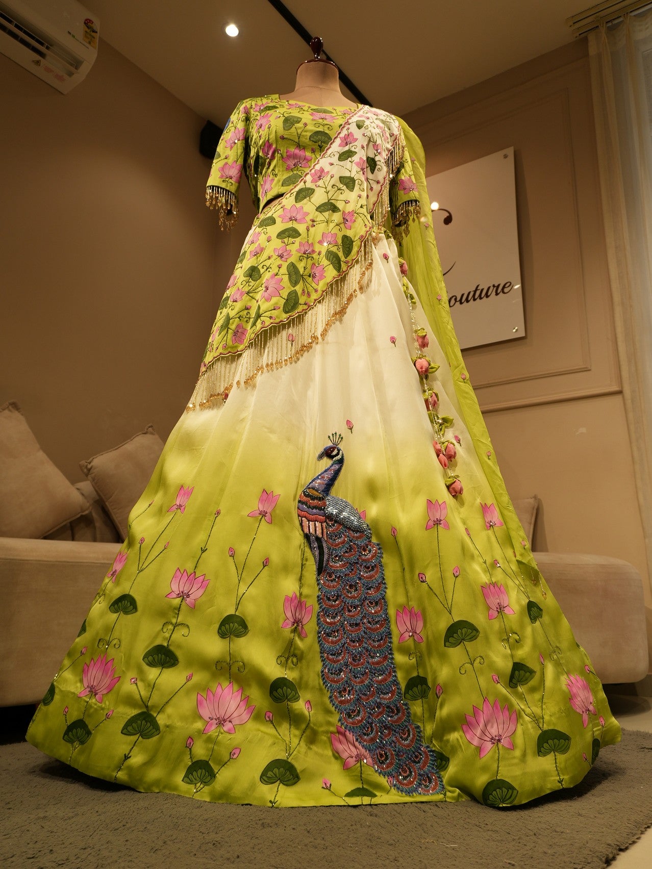 Green shaded peacock pichwai handpainted lehenga set