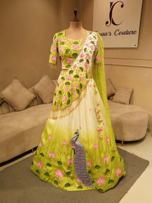 Green shaded peacock pichwai handpainted lehenga set