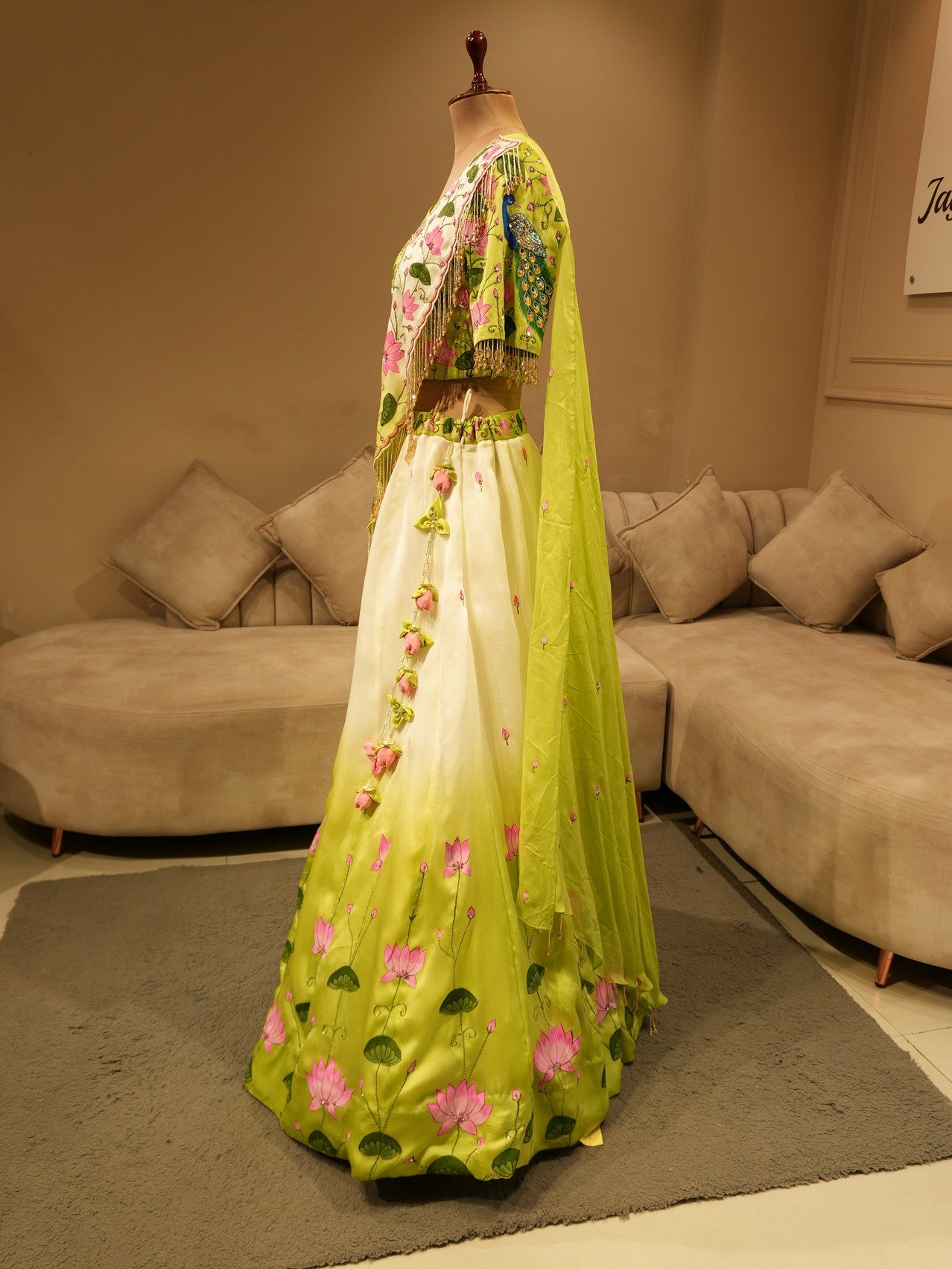 Green shaded peacock pichwai handpainted lehenga set
