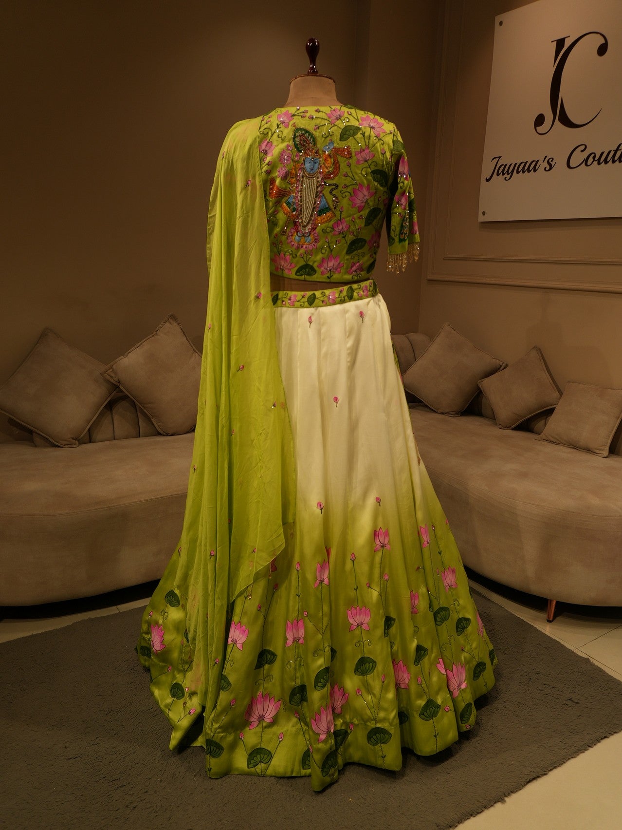 Green shaded peacock pichwai handpainted lehenga set