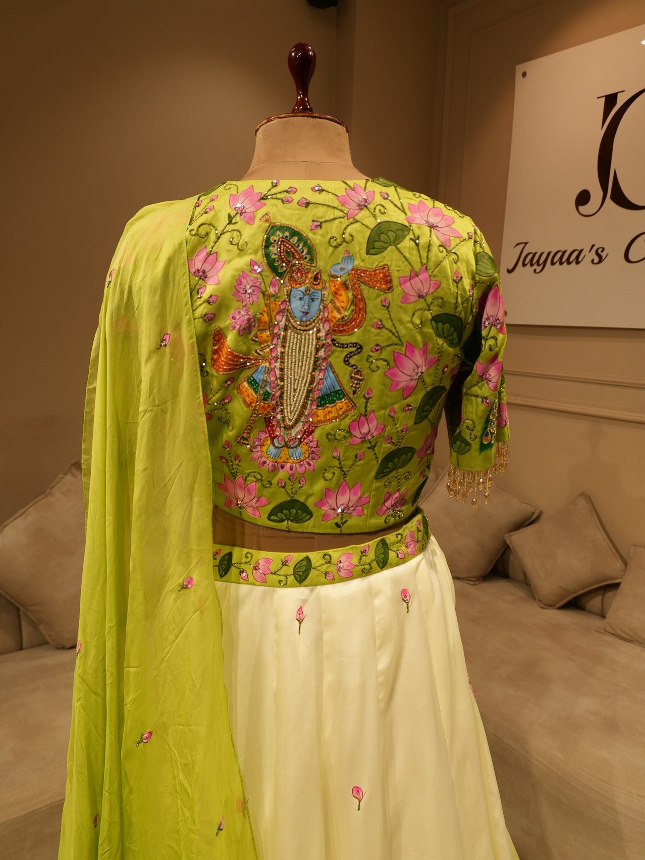 Green shaded peacock pichwai handpainted lehenga set