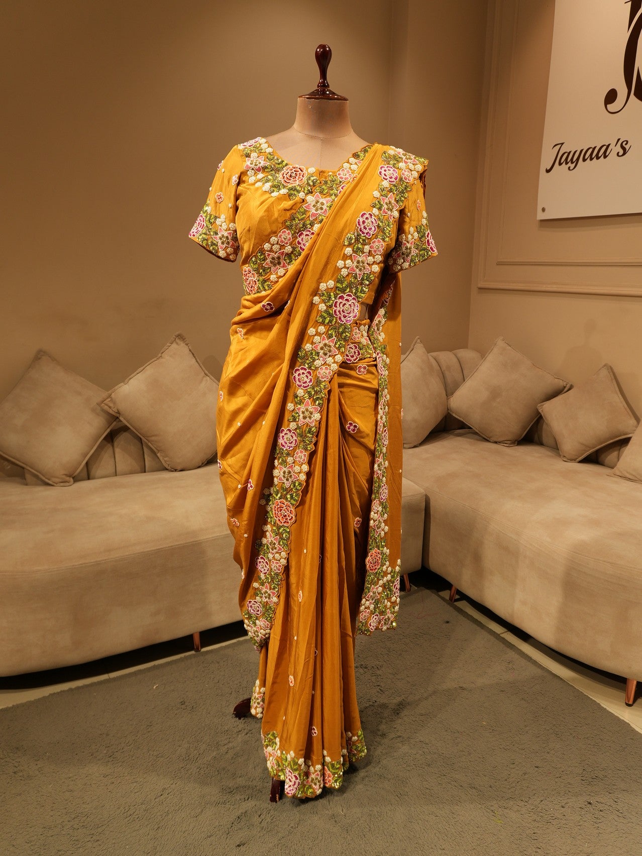 Mustard yellow embroidered saree