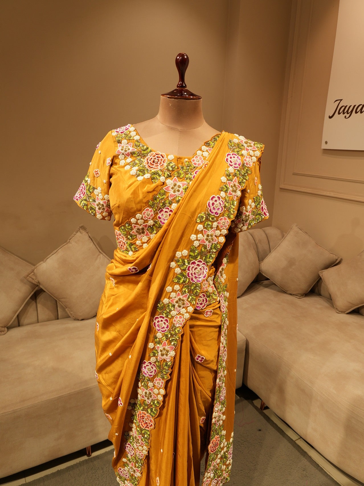 Mustard yellow embroidered saree