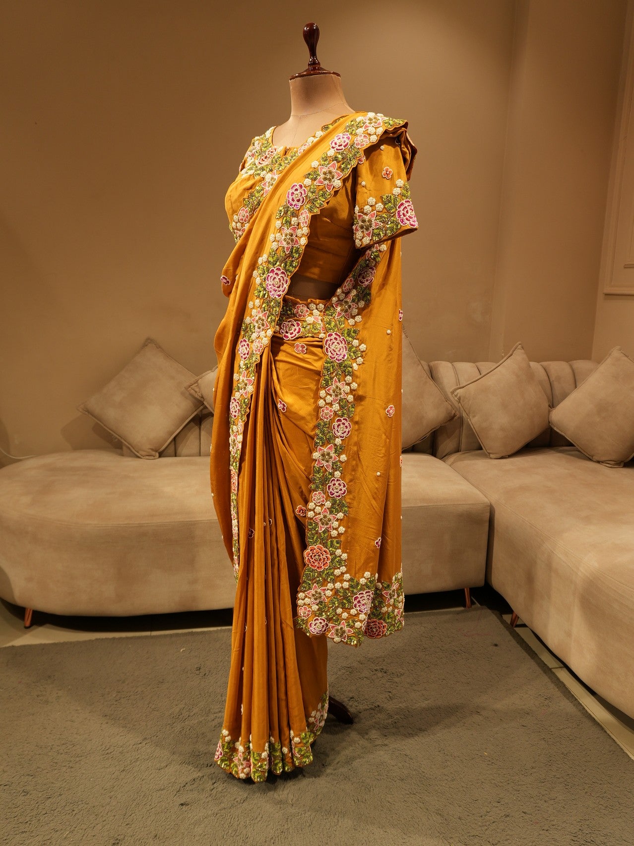 Mustard yellow embroidered saree