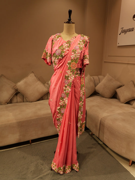Pink embroidered saree