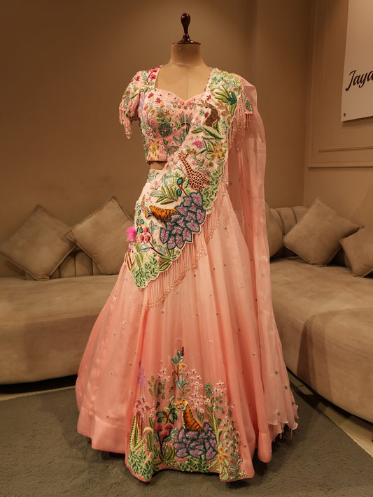Blush pink tropical embroidered lehenga set