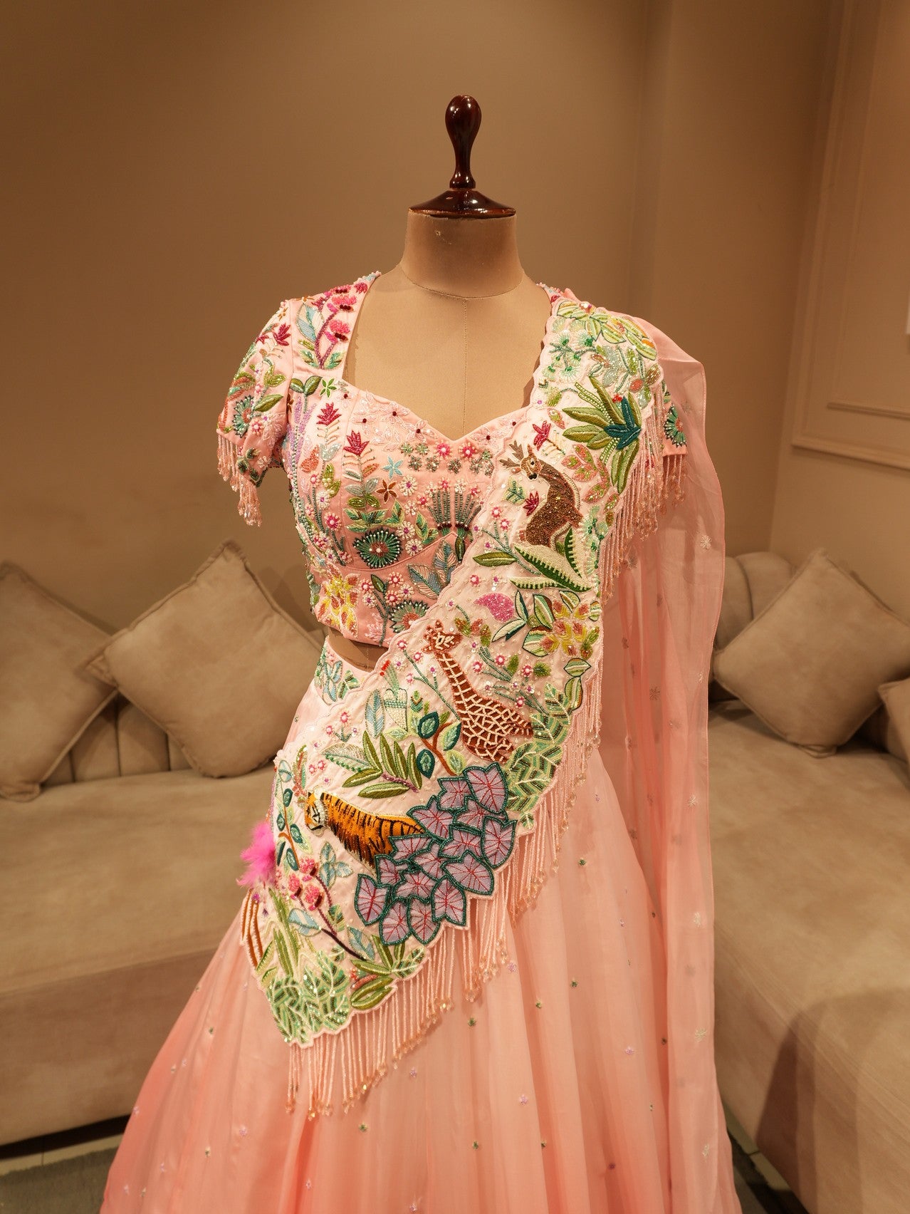 Blush pink tropical embroidered lehenga set