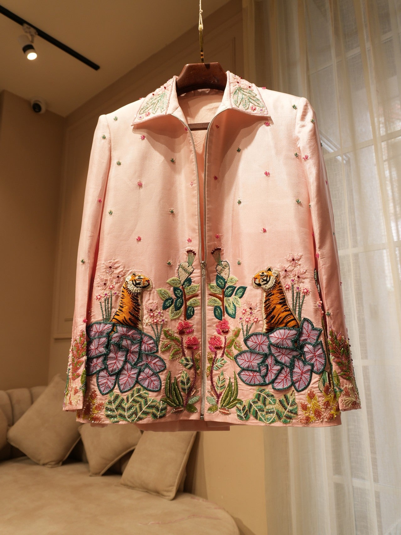 Blush pink embroidered tropical mens indo western