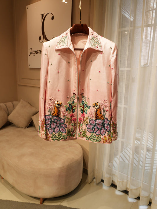 Blush pink embroidered tropical mens indo western