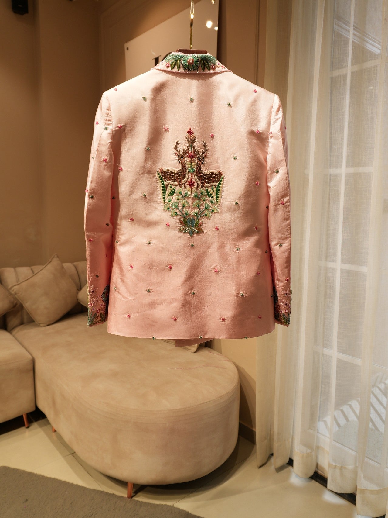 Blush pink embroidered tropical mens indo western