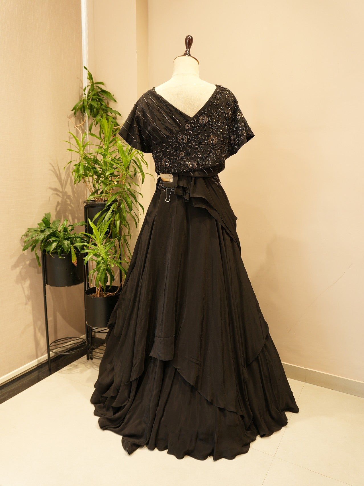 Black embroidered cape top skirt