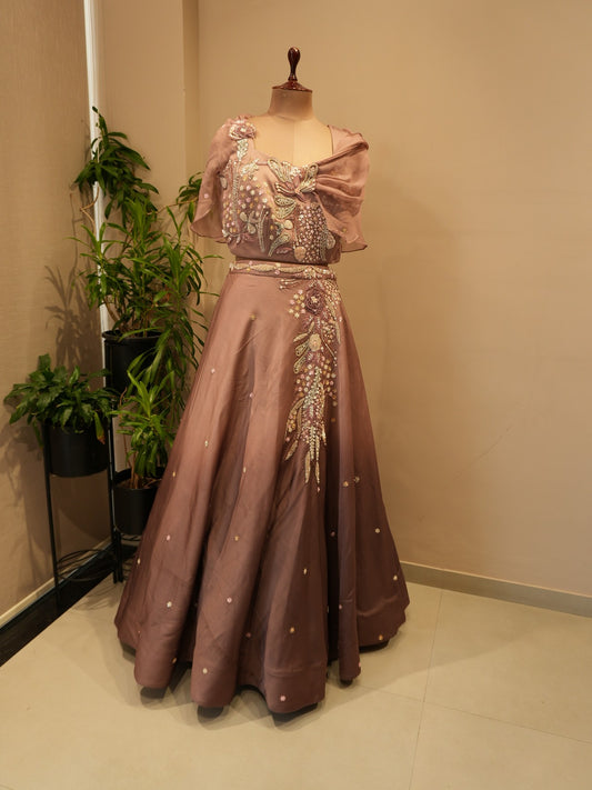 Mauve embroidered crop top with skirt