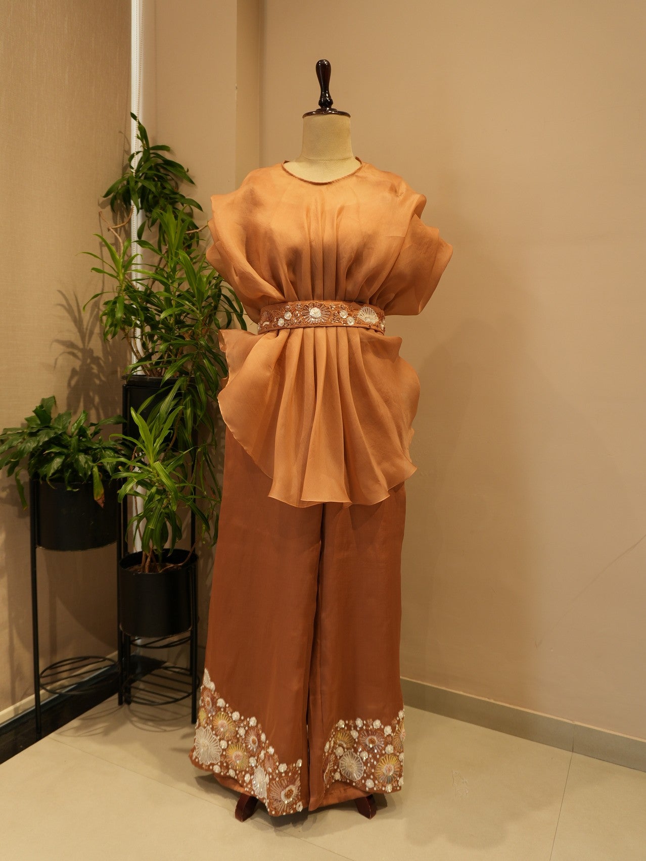 Beige cape top with plazo