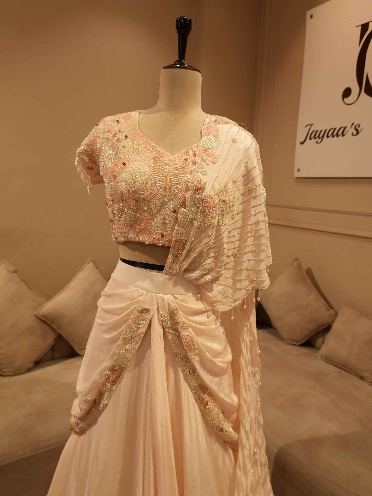 Pastel peach drape lehenga set