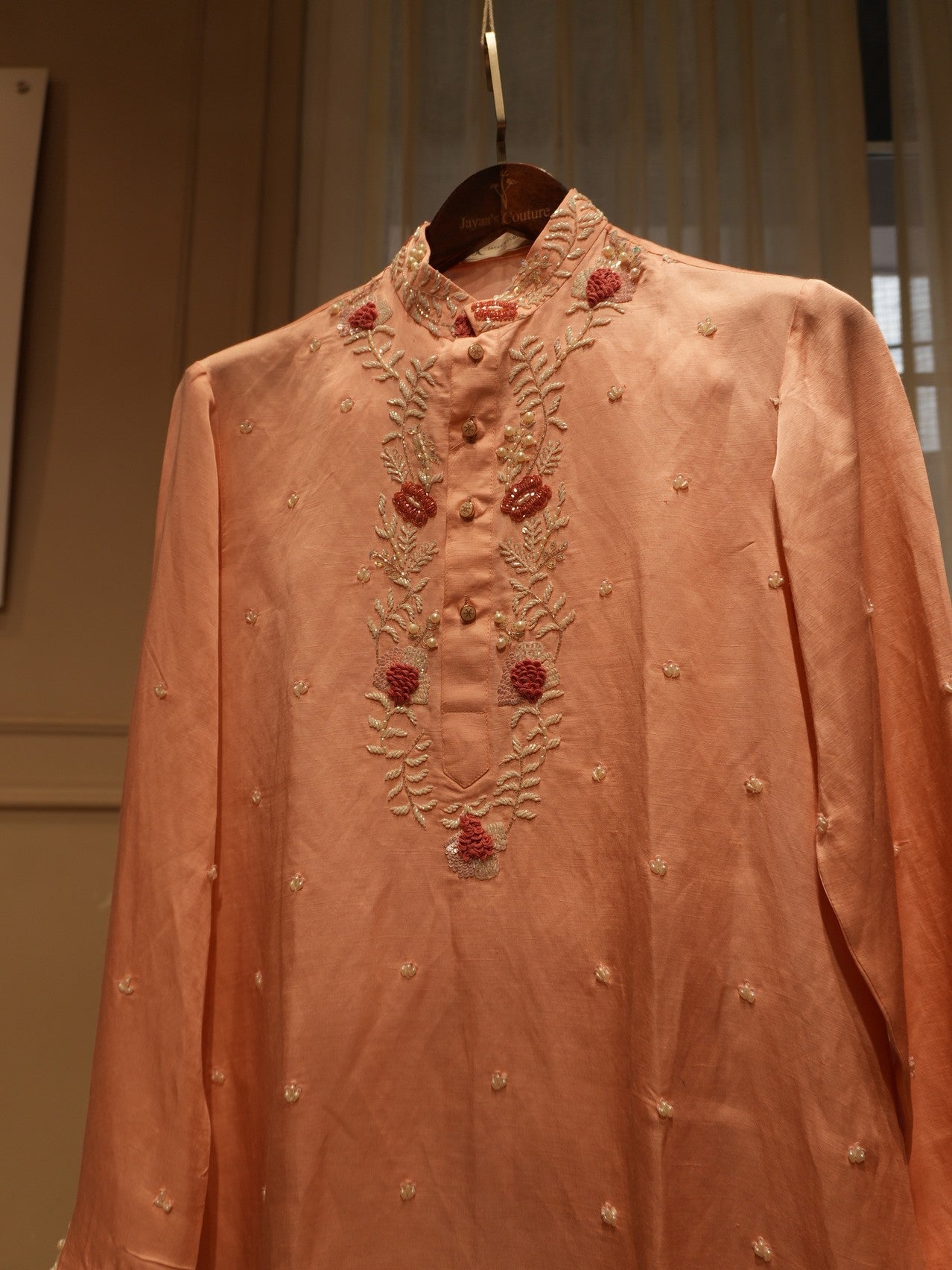 Peach rose gold mens kurta with dhoti