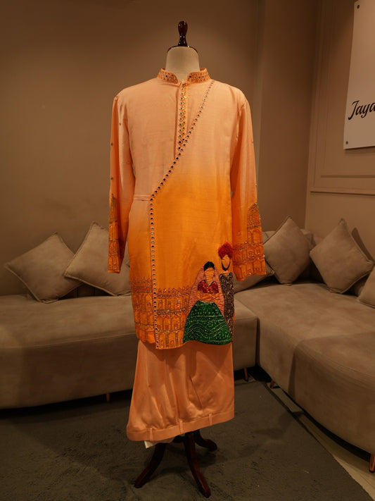 Rust orange handpainted mens kurta