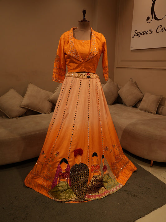 Rust orange hand painted lehenga set