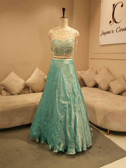 Pastel sea green crop top skirt