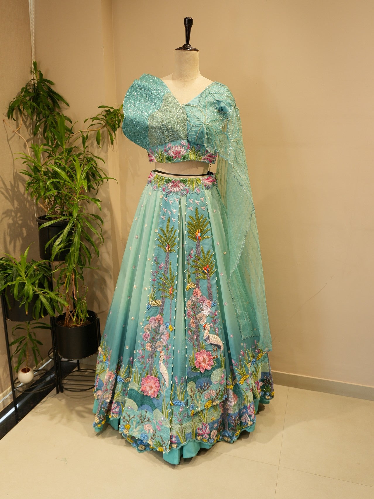 Sea green drape crop top skirt