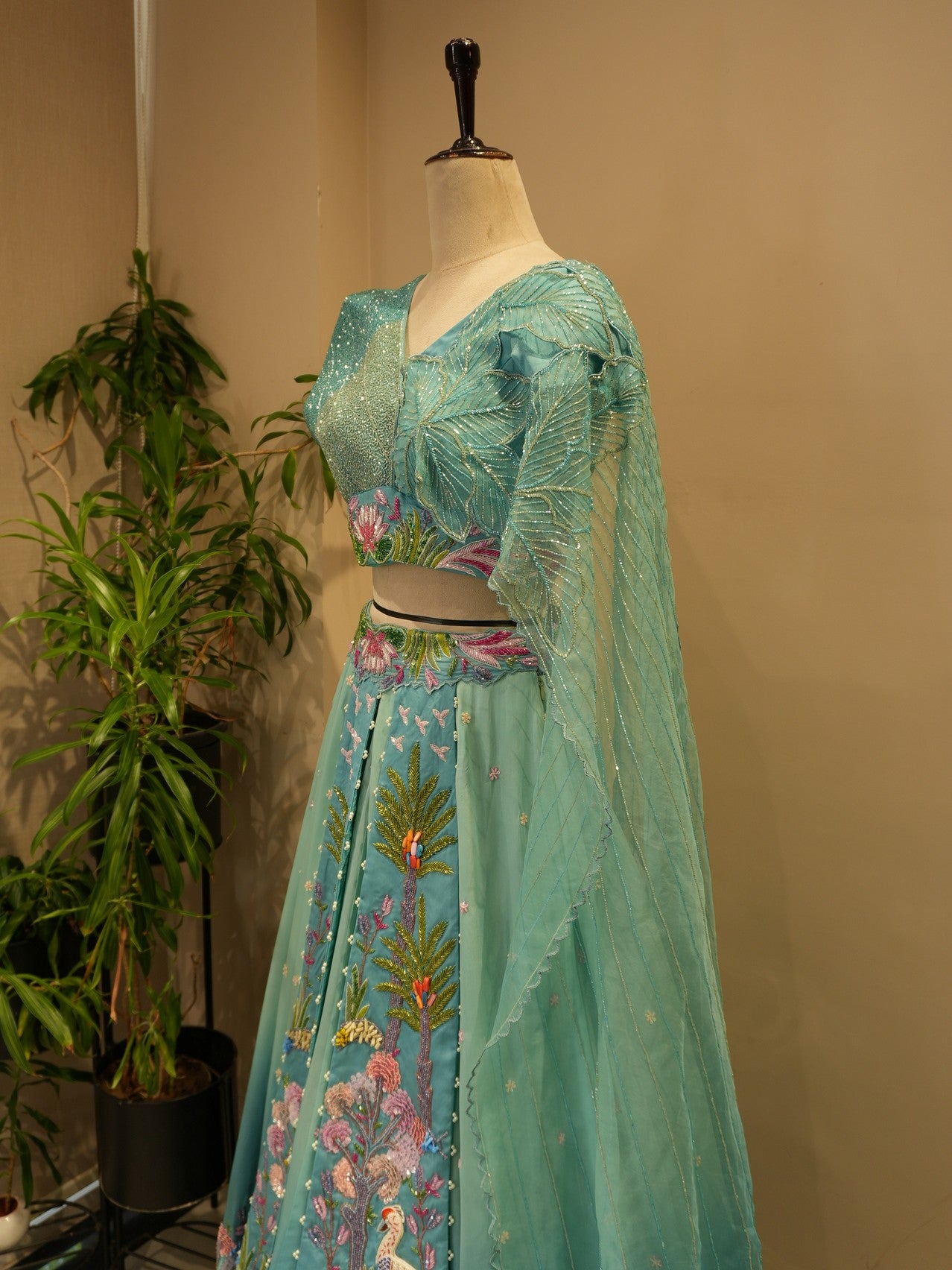 Sea green drape crop top skirt