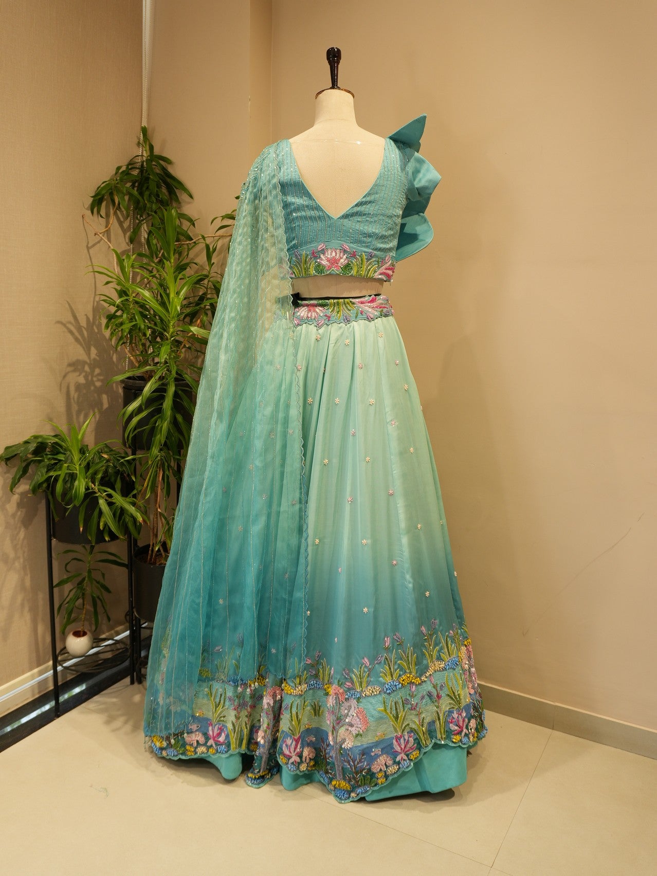 Sea green drape crop top skirt