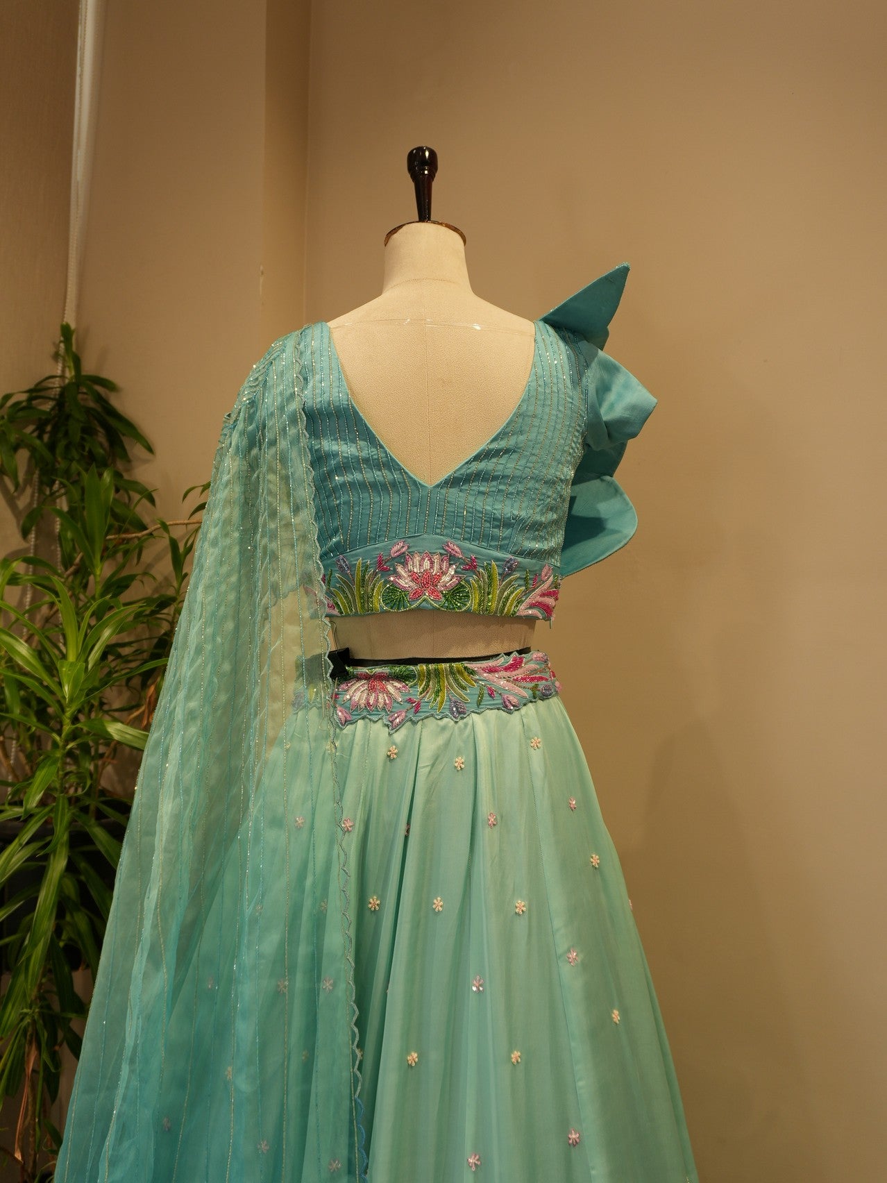Sea green drape crop top skirt