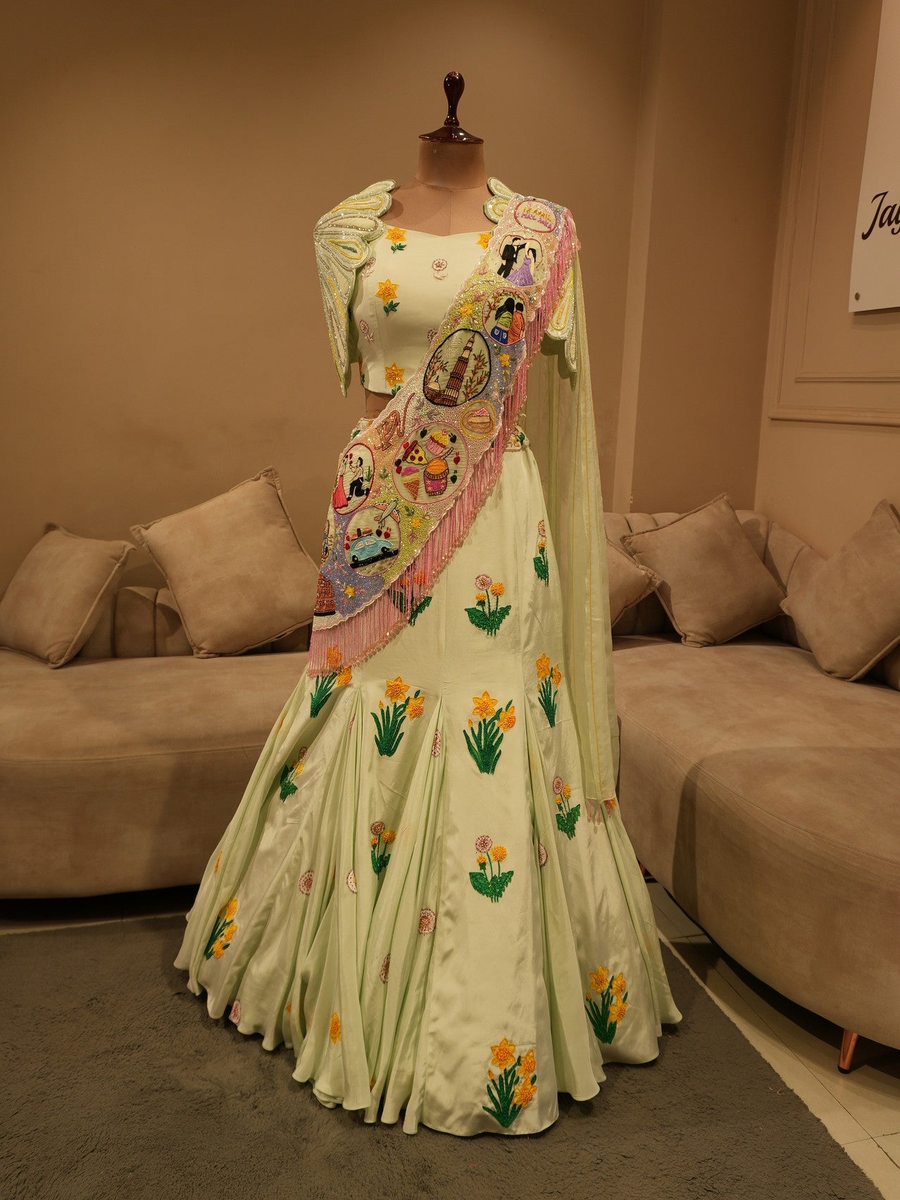 Pastel pista green handpainted lehenga set